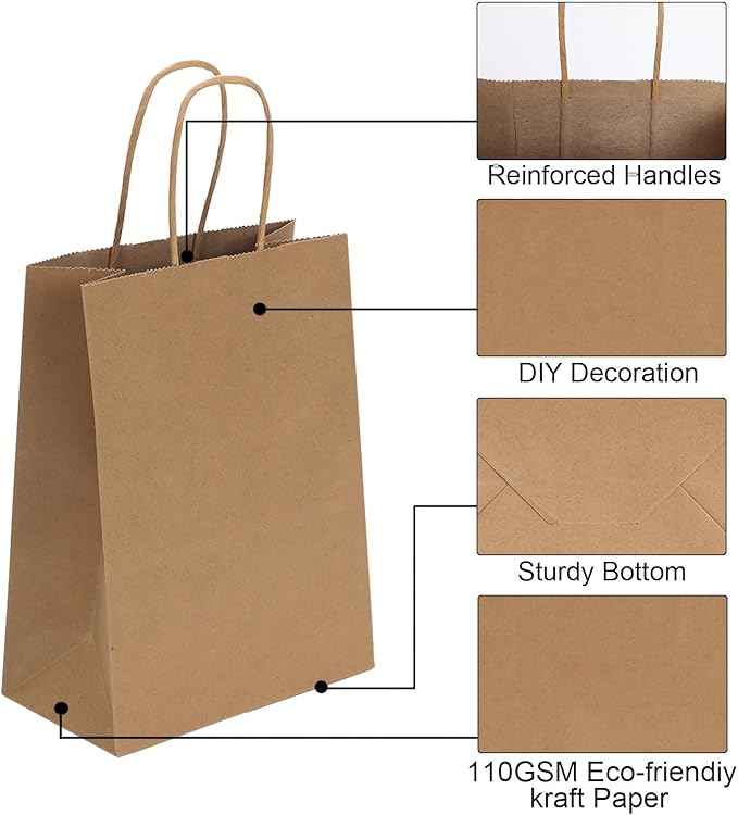 Joybe 100 Pack 6x3.25x8 Inch Small Brown Paper Bags with Handles Bulk, Kraft Paper Gift Bags for Birthday Party Favors Grocery Retail Shopping Business Goody Craft Sacks (Blank Plain Natural, 100pcs)