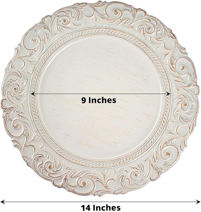 Efavormart 12-Pack Acrylic Charger Plates 14" Round Antique White Gold with Engraved Baroque Rim - Vintage Disposable Decorative Chargers