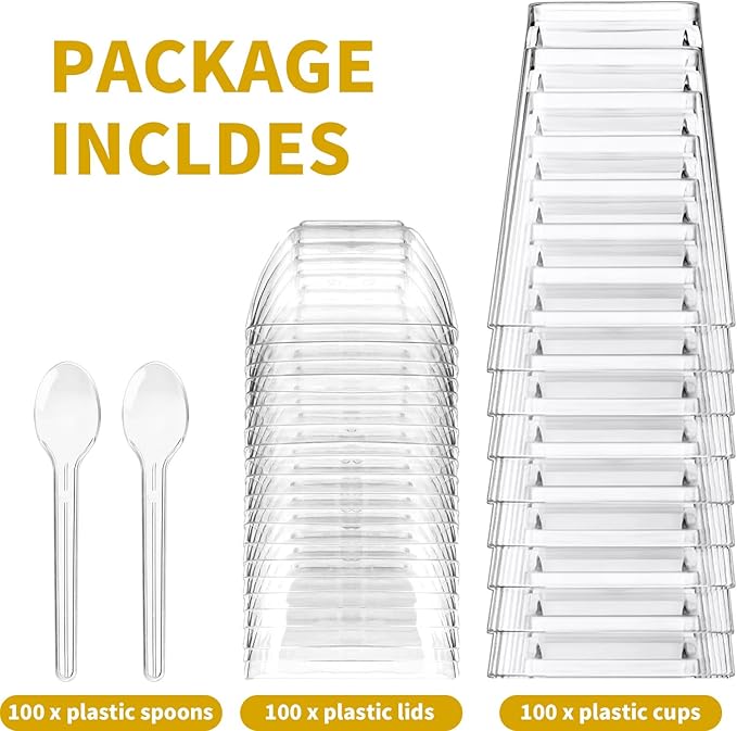 100Pack 5oz Dessert Cups with Lids and Spoons,Plastic Parfait Appetizer Cup,Disposable Plastic Cups, Great for Desserts, Appetizers, Puddings, Mousse
