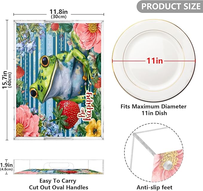 Serving Tray with Handles Clear Acrylic Tray 12x16 Inch Decorative Rectangular Tray Organizer for Ottoman Coffee Table Bathroom Cute Blue Striped Frog Floral Strawberry