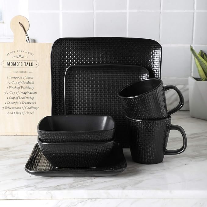 Stone Lain 16 Piece Stoneware Dinnerware set, Square, Weave, Black