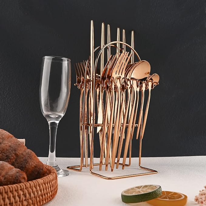 JASHII 24-Piece Stainless Steel Flat Flatware Set for 6, Fork Spoon Knife Set Eating Utensils Tableware with Holder for Kitchens Home and Restaurant, Dishwasher Safe - Rose Gold