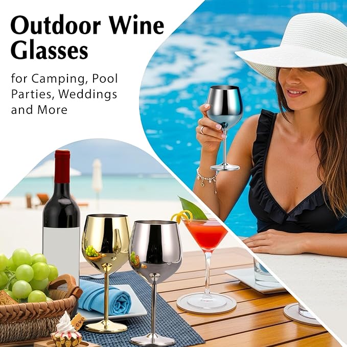 Stainless Steel Wine Glasses Set of 4, 18oz Silver Unbreakable Goblets - Outdoor Metal Cups for Travel, Camping, Pool Parties