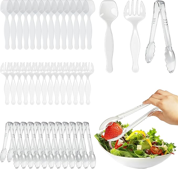 40 Pcs Large Plastic Serving Utensils Set - Serving Tongs, Serving Forks, Serving Spoons - Heavy Duty Disposable Serving Utensils for Parties, Buffet, Catering Supplies (Clear, 40 Pcs)