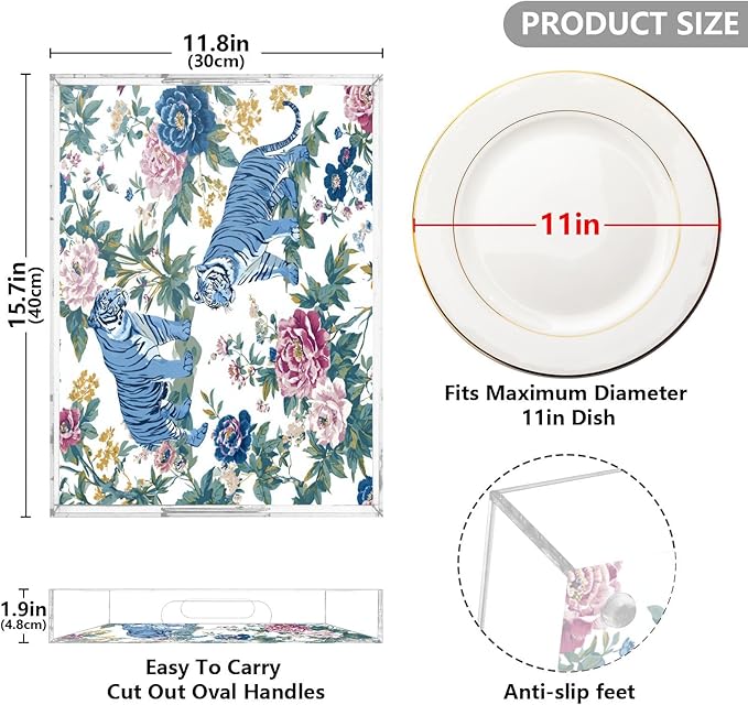 Serving Tray with Handles Clear Acrylic Tray 12x16 Inch Decorative Rectangular Tray Organizer for Ottoman Coffee Table Bathroom Floral Vintage Blue Tigers