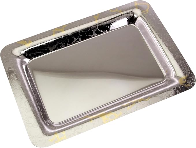 (Pack of 3) 15.7 inch x 11 inch Oblong Chrome Plated Serving Tray in Different Pattern Stylish Design Floral Engraved Iron Gold Edge Decor Wedding Dessert Buffet Platter Plate NC-017