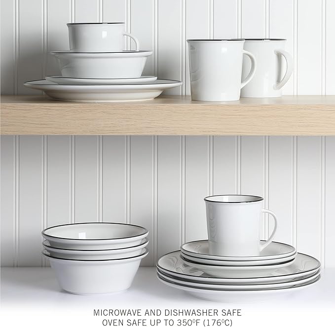 Martha Stewart Cliffield 16-Piece Porcelain Chip and Scratch Resistant Dinnerware Set - White w/Black Rim