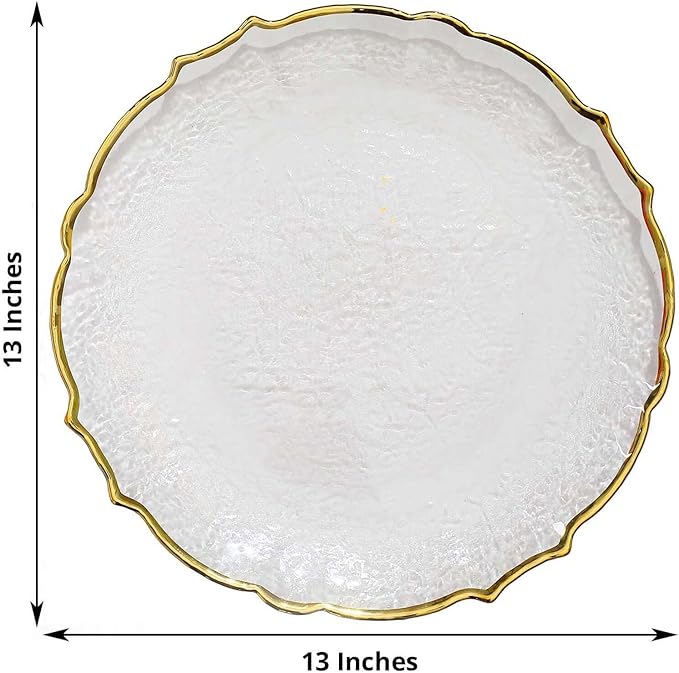 Efavormart 8 Pack | 13" Clear Glass Metallic Gold Scallop Edged Charger Plates For Events Table Decoration for Home & Professional Fine Dining, Catering, Dinner Parties, Weddings