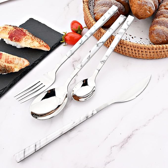 24Pcs White Imitation Marble Pattern Handle Flatware Silverware Set, Stainless Steel Cutlery Set for 6, Square Handle Eating Utensils, Mirror Polished for Home Kitchen Bar Restaurant