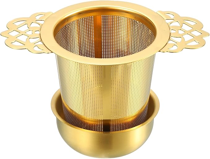 uxcell 1 Pcs Tea Infuser Filter with Handle, Drip Bowl, Fine Mesh Loose Tea Steeper, Stainless Steel Tea Strainer for Brew Loose Leaf Tea, Titanium