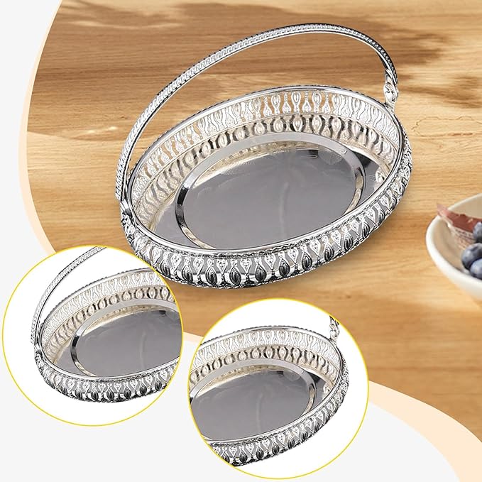 Retro Oval Fruit Tray with Handle, Candy Serving Plate, Dry Nut Dish, Snack Dessert Storage Plate, Decorative Fruit Bowl for Parties, Family Gatherings, Bars and Cafes