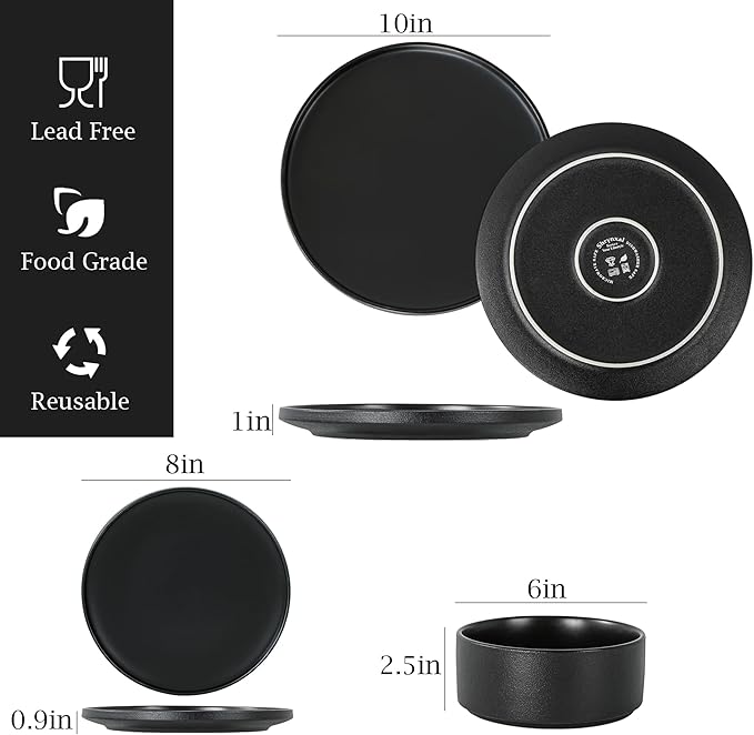 Plates and Bowls Sets, 12 Piece Ceramic Dinnerware Set for Family and Gatherings, Dishes Set for 4, Dishwasher & Microwave Safe, Handcrafted Stoneware Sets, Modern Black