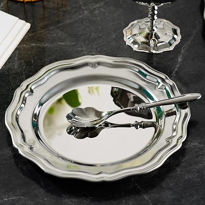 AMONIDA Stainless Steel Oval Platter, Sturdy Material Round Silver Tray with Effortless Maintenance Heavy Duty Mirror Polish Serving Plate forKitchen Weddings Desserts Fruits (Large Size for (Large