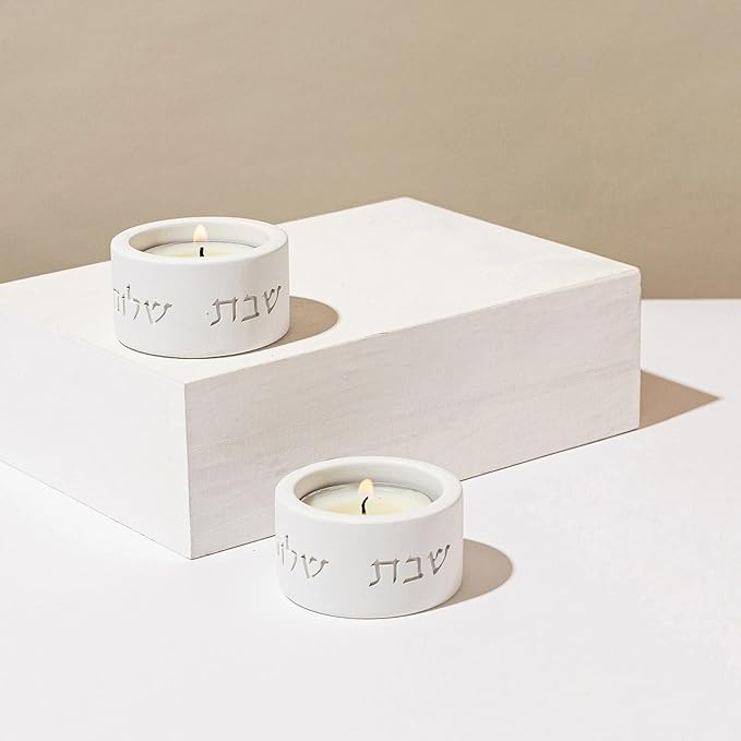 SURI Shabbat Candle Holders Set – Modern Judaica Shabbat Candlesticks for Tea Lights – Concrete Shabbos Candles Holders, Dripless Design – Jewish Gift & Home Decor