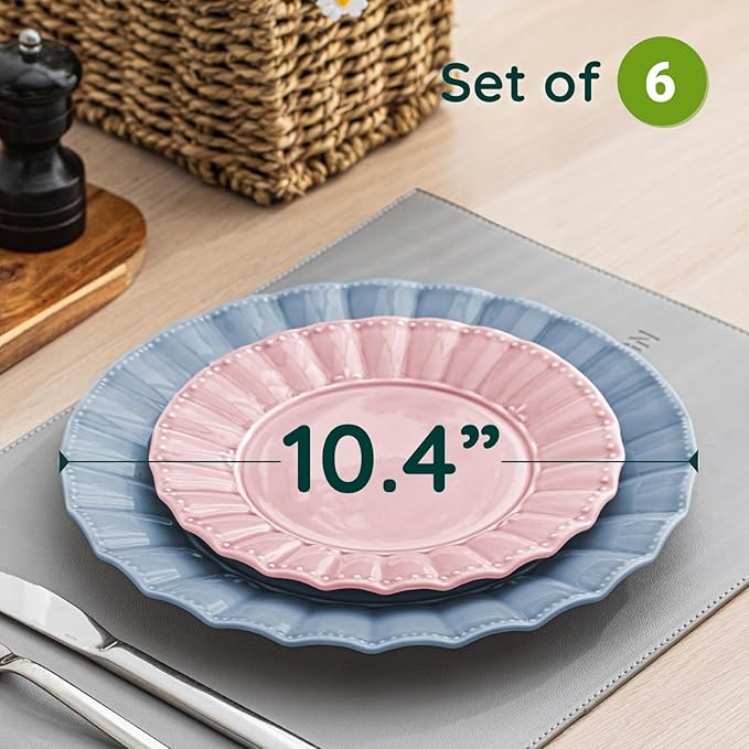 HOMBENE Dinner Dinner Plates 10.5 Inches Set for 6, Ceramic Plates, Salad Serving Plates, Wavy Style, Microwave & Dishwasher Safe Plates for Cake Waffles Snacks (Mixed Colors)