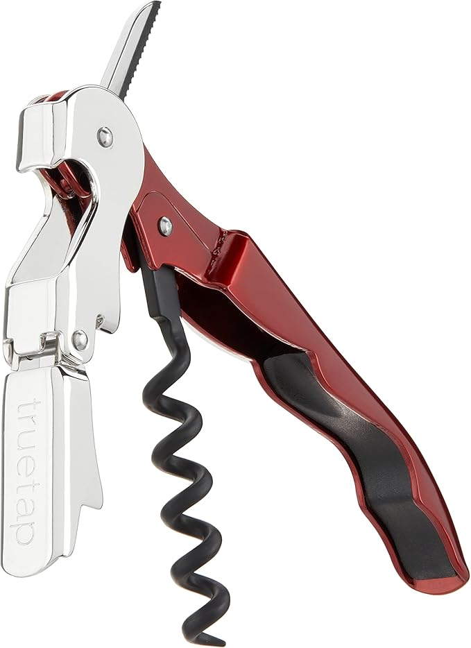 True Brands TrueTap Double Hinged Waiters Corkscrew, Top-notch Stainless Steel Opener with Foil Cutter Built to Last Wine Key Metallic Red, Set of 1