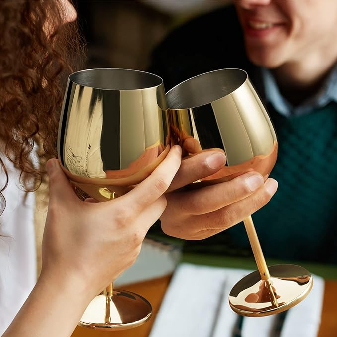 Lifecapido Stainless Steel Wine Glasses Set of 8, 18oz Stainless Steel Wine Goblets, Stemmed Metal Wine Glasses with Cup Brush for Party Office Wedding Anniversary, Great for Red White Wine (Gold)