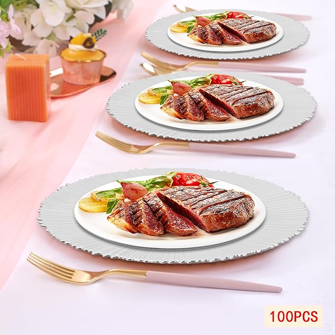 100 Pcs Antique Charger Plates Bulk 13 Inch Embossed Rim Plastic Party Dinner Plate Chargers Round Decorative Server Plate for Wedding Party Event Tableware (100pcs-silver2)
