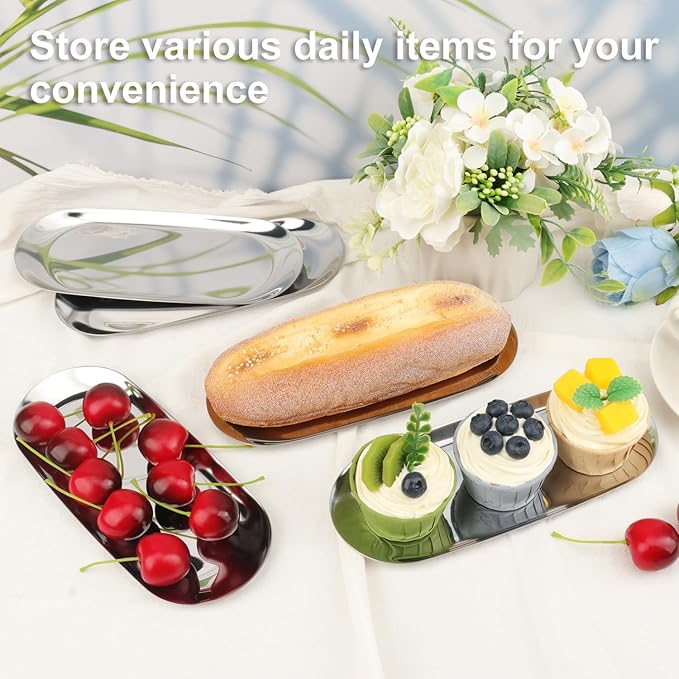 10 Pack 9 Inch Oval Stainless Steel Decorative Tray, Stainless Steel Tea Fruit Tray, 9 inch Silver Oval Trays for Bathroom Vanity, Jewelry, Perfume & Key Organizer (Silver)