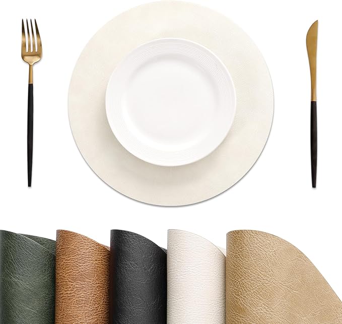MOSAYT 13 Inch Round Vinyl Placemats Set of 6 - Faux Leather 100% Waterproof Oil-Proof Wipeable PU Place Mats, Heat Resistant Reversible Table Mats for Kitchen, Dining, Outdoor (Beige)