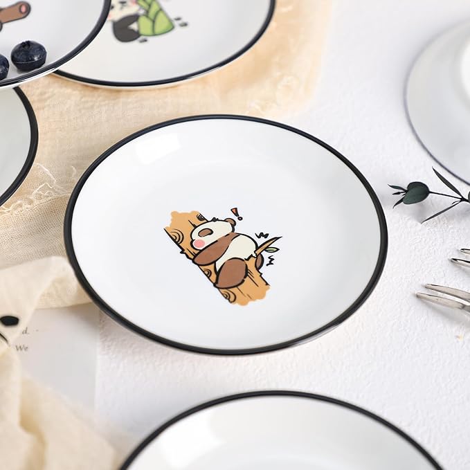 SOCOSY Super Cute Cartoon Panda Ceramic Sauce Dishes, Seasoning Dishes, Little Cat Dog Bird Feeding Bowls, Sushi Soy Dipping Bowls, Appetizer Plates, Dessert Plates-Panda-5 Inch, Set of 6