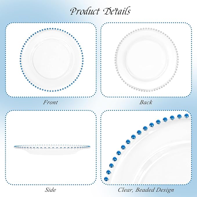 24 Pack Clear Charger Plates with Beaded Rim, 13 Inch Plastic Chargers for Dinner Plates Acrylic Round Tabletop Decoration for Home Kitchen Catering Wedding Table Event Party Dinner (Blue)