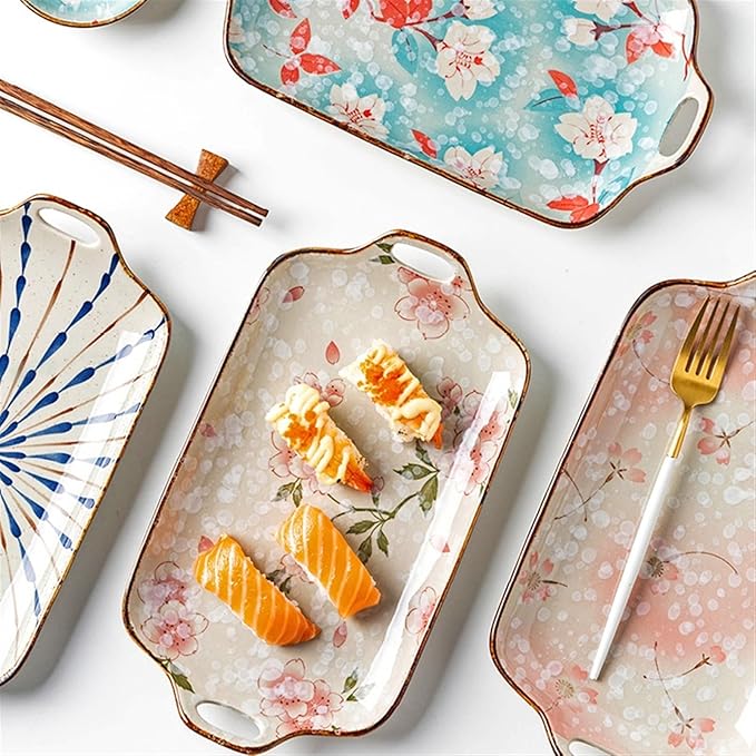 SONGCHAO Party Supplies Creative Binaural Handle Ceramic Plate Kitchen Rectangular Plate Home Kitchen Western Food Plate Dessert Plate Party Plates (Color : D)