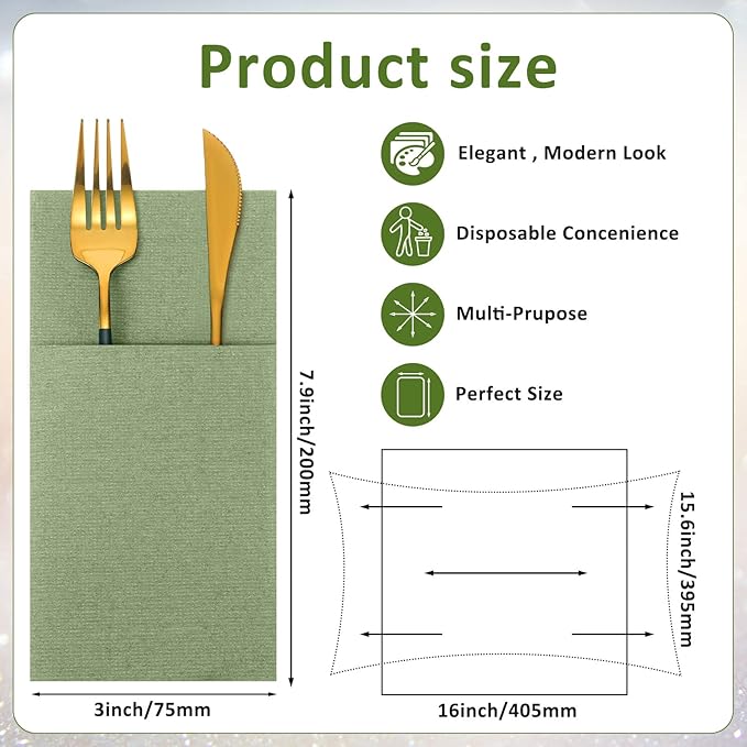 Cindeer 150 Pcs Sage Green Linen Dinner Feel Napkins with Built in Flatware Pocket Prefolded Paper Disposable Airlaid Guest Hand Towel for Silverware Wedding Reception Christmas Baby Shower