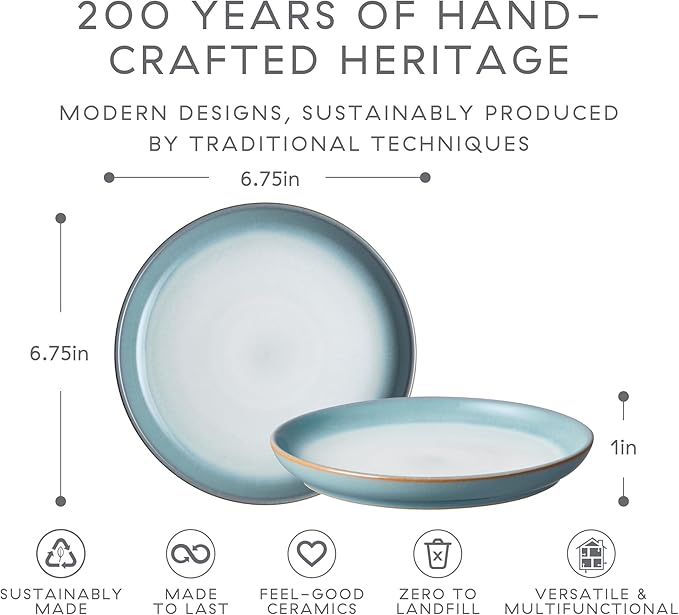 Denby - Azure Haze Coupe Small Plates Set of 6-6.75in Dishwasher Microwave Oven Safe - Reactive Blue Teal Glaze Appetizer Ceramic Stoneware Dinnerware Plates Set - Scratch Chip Resistant