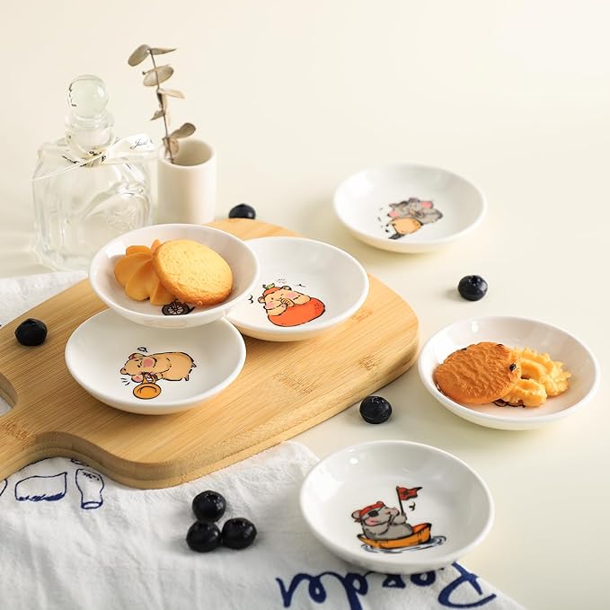 SOCOSY Super Cute Cartoon Animals Ceramic Sauce Dishes, Seasoning Dishes, Little Cat Dog Bird Feeding Bowls, Sushi Soy Dipping Bowls, Appetizer Plates, Dessert Plates-Busy Hamster-3.5 Inch