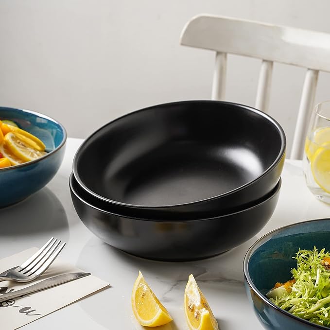 Selamica Ceramic Pasta Bowls 50 OZ, Large Salad Bowls, 8.6 Inch Ceramic Bowls Set for Soup, Cereal, Ramen, Stackable Serving Bowls, Microwave Dishwasher Safe, Matte Black