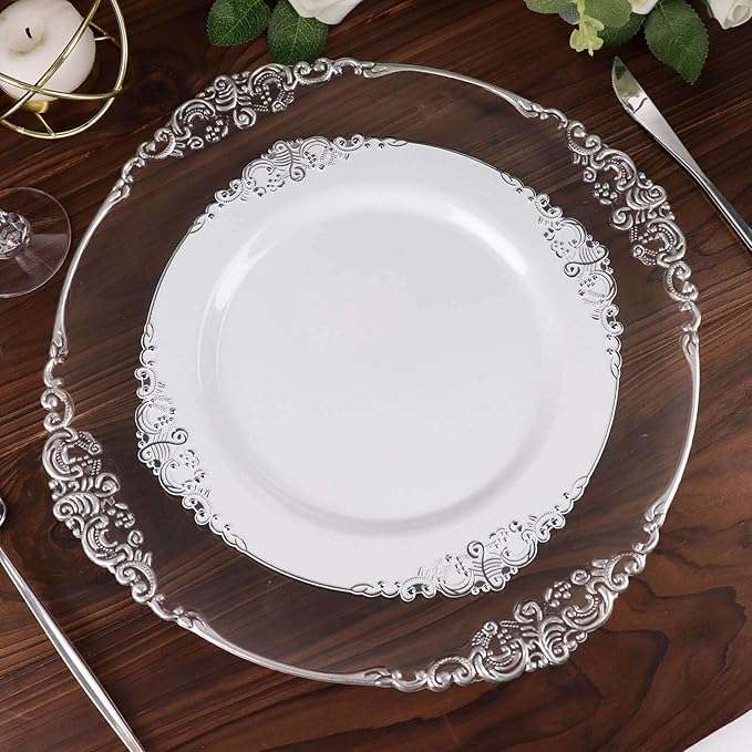 10" Dinner Plates -Set of 10 - Plastic White Silver Round Baroque Disposable Chargers Leaf Embossed Rim, Ideal for Dinner Party Wedding Bulk Events