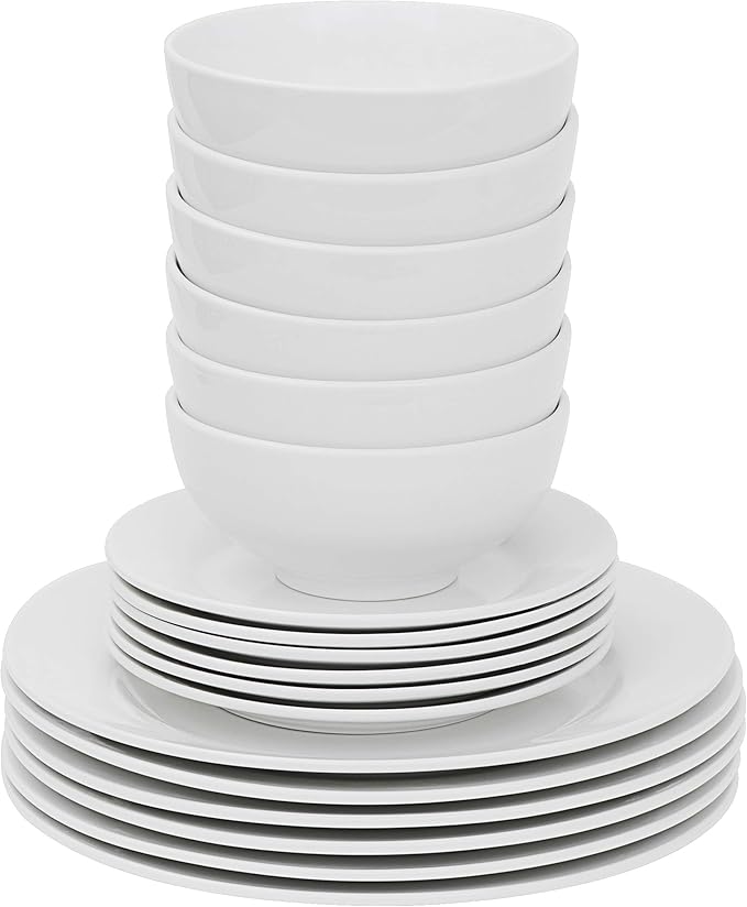 SUPER DEAL Round 18-Piece White Kitchen Dinnerware Set, Service for 6, Plates and Bowls – Microwave, Oven and Dishwasher Safe