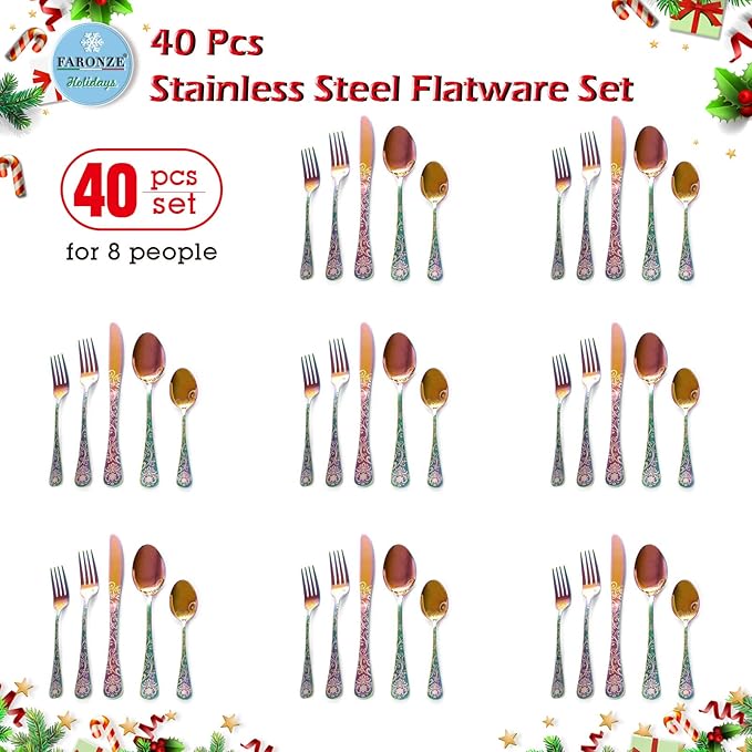 40 Pieces Stainless Steel Flatware Set for 8 People Knives Forks Spoons Set, Vintage Pattern Design, Mirror Polish and Dishwasher Safe (05-COLORFUL-SET 40)
