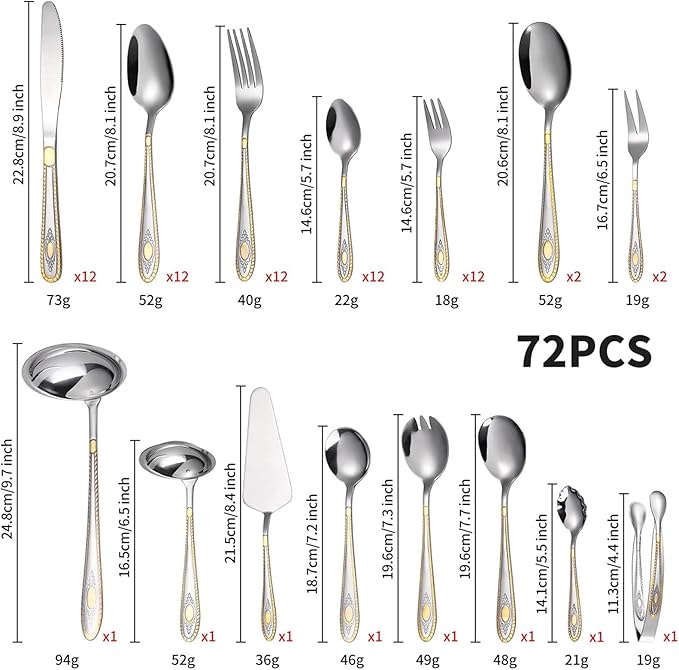 72/84 pcs Luxury Flatware Set with Gold Accents, Gold Flatware Serving Set for 12 for Formal Events, Parties, Tablewar in a Wooden Storage Case Chest(B,72pcs)