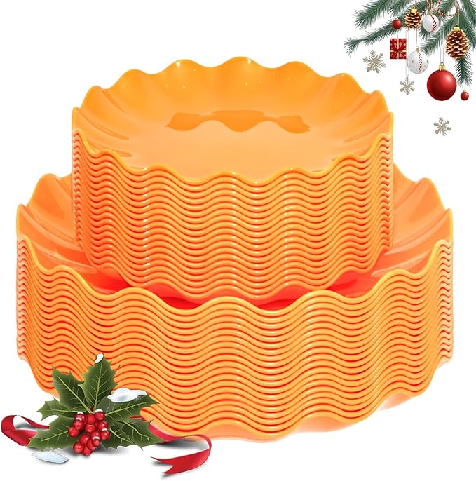 LIYH 50 Pcs Heavy Duty Plates Orange Scalloped Plastic Plates Reusable Unbreakable Plastic Plate for Party, Dishwasher Safe BPA Free (25Guests)