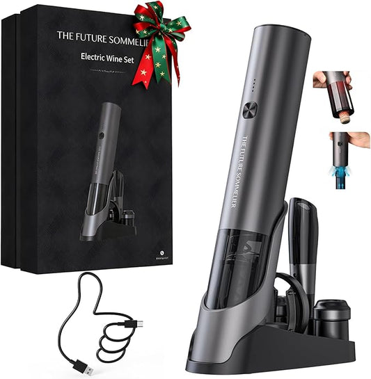 CIRCLE JOY Rechargeable Electric Wine Bottle Opener Set 7-in-1 Aluminum Alloy Wine Gift Set with 2-in-1 Electric Corkscrew & Vacuum Pump, Foil Cutter, Wine Pourer, Charging Base and 2 Wine Stoppers