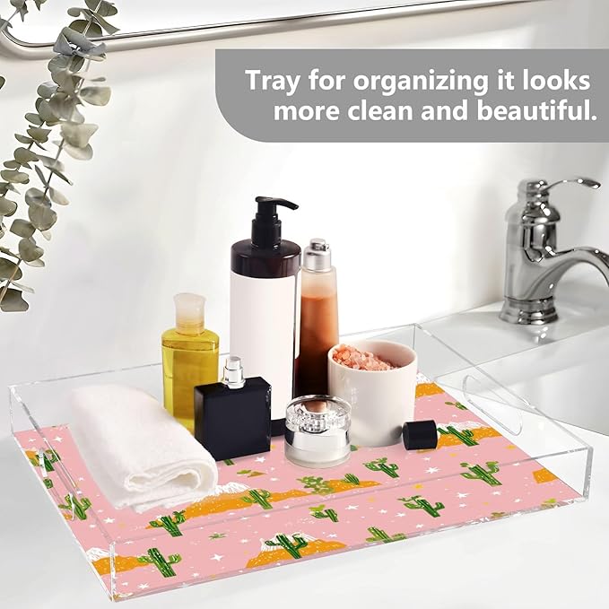 Serving Tray with Handles Clear Acrylic Tray 12x16 Inch Decorative Rectangular Tray Organizer for Ottoman Coffee Table Bathroom Pink Cacti Mountains and Stars