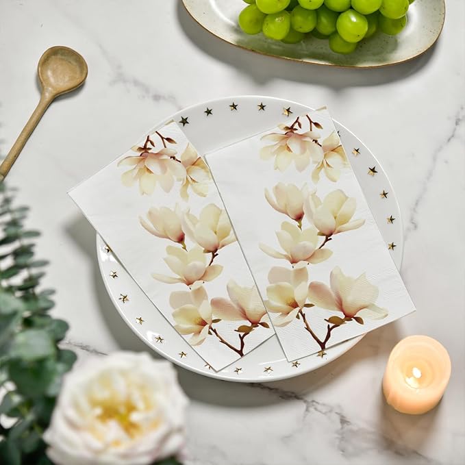 Horaldaily 50 Disposable Paper Decorative Guest Napkins, Magnolia Grandiflora Hand Towel for Party Lunch Dinner Kitchen Bathroom