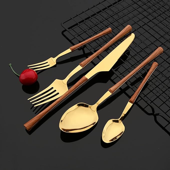 JASHII 30pcs Stainless Steel Imitation Wood Handle Cutlery Flatware Set,Tableware Knife Cake Fork Spoons Dinnerware Set Party Kitchen Silverware for 6, Mirror Polished - Brown&Gold