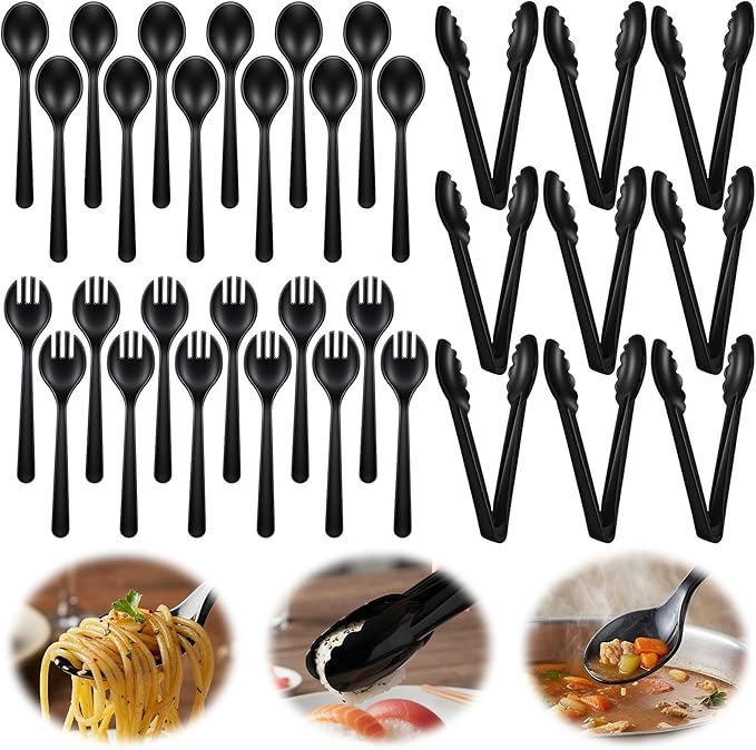 36 PCS Disposable Serving Utensils Set - 12 Heavy Duty Plastic Spoons Forks Tongs for Buffet Catering Party Supplies, Black Serving Utensils for Restaurant Wedding Banquet Dinner Salad Soup
