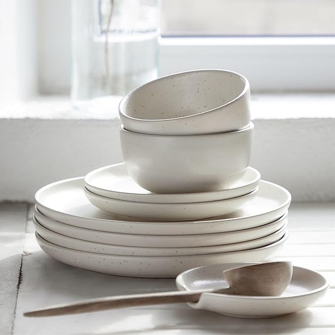 Casafina Ceramic Stoneware 12-Piece Place Setting Service for 4, Pacifica Collection, Vanilla | Microwave & Dishwasher Safe Dinnerware Set | Food Safe Glazing | Restaurant Quality Tableware