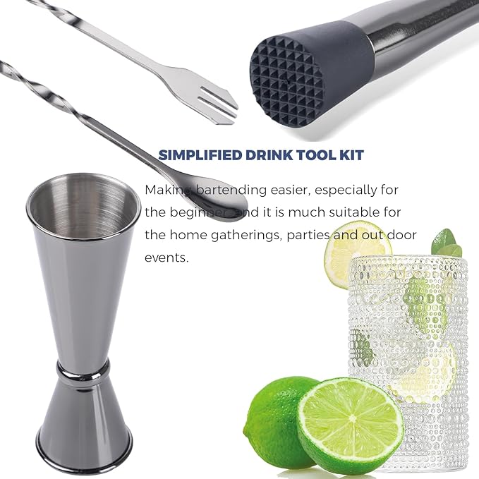 8 Inches Stainless Steel Muddler for Cocktails, Matching Jigger and Bar Spoon with Cocktail Muddler - 3 Pcs Drink Muddler for Cocktails