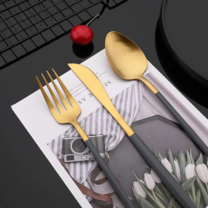 JASHII Slim Handle Silverware Set 20 Pieces, 304 Stainless Steel Colorful Flatware Set, Titanium Plating Cutlery Set, Utensil Sets for Home Dinner Service for 4, Dishwasher Safe - Dark Grey&Gold