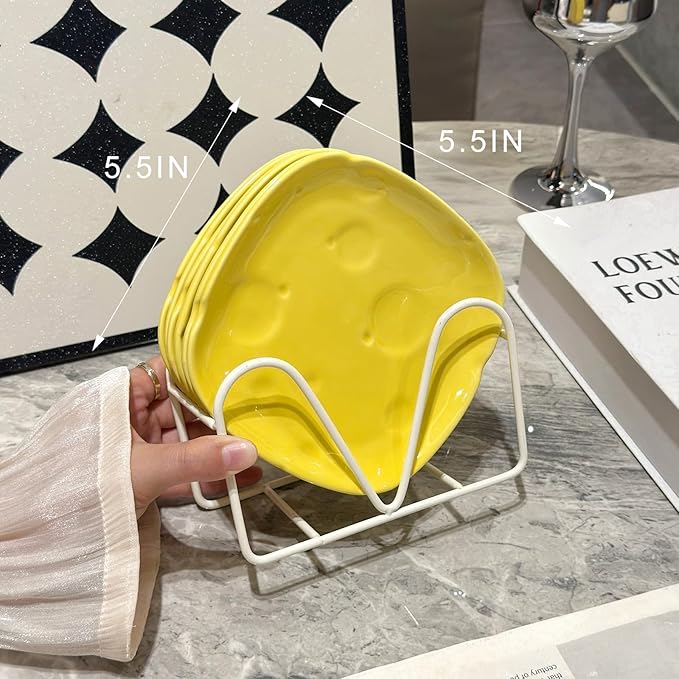 Cheese-Themed Ceramic 5.5in Small Appetizer Plates Set with Hoder,Square Plates for Dessert,Saucer,Microwave&Dishwasher Safe (cheese yellow)
