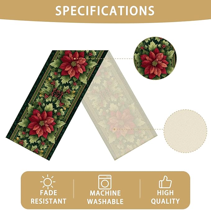 Green Red Flowers Christmas Table Runner Seasonal Winter Kitchen Dining Linen Table Decoration for Indoor Outdoor Home Party Decor 13 x 72 Inch