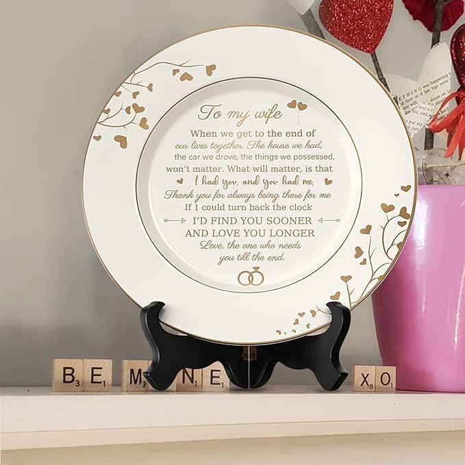 Gifts for Wife - To My Wife Plate with 24k Gold Foil, Happy Birthday Anniversary Wedding Gift for Her from Husband, Ceramic 9"
