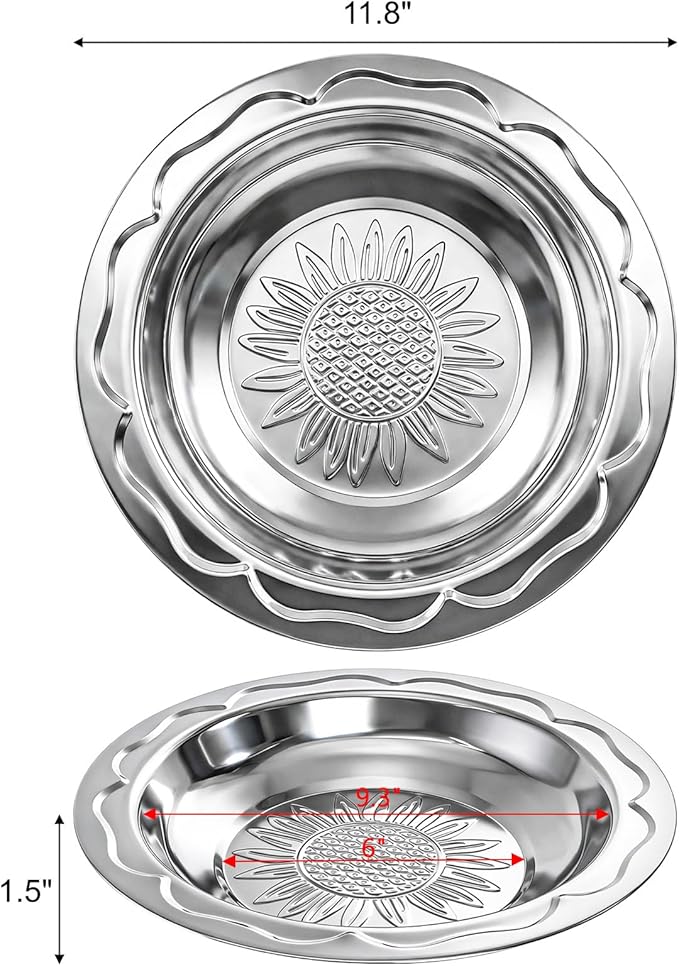 ZEAYEA 8 Pack Stainless Steel Round Tray, 11.8 Inch Metal Bar Serving Tray with Sunflower Pattern, Silver Decorative Display Serving Platter for Coffee Table, Party, Home, Ottoman