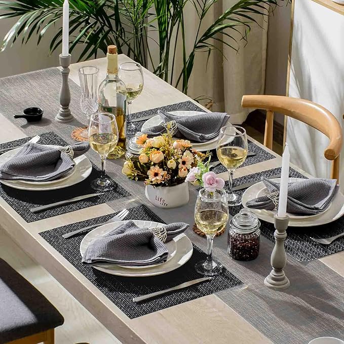 AHHFSMEI Placemats for Dining Table Set of 6 Woven Vinyl Plastic Place Mats Non-Slip Heat Insulation Stain Resistant Table Mats Washable Easy Clean Placemats (Black Silver)