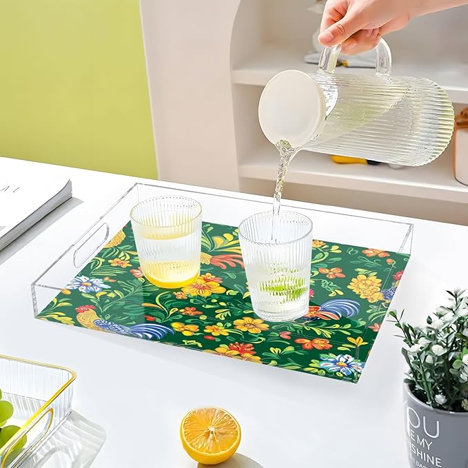 Serving Tray with Handles Clear Acrylic Tray 12x16 Inch Decorative Rectangular Tray Organizer for Ottoman Coffee Table Bathroom Green Rooster and Flower Spring